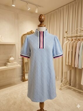 Lovesoft Beau Blue Textured Dress Contrast Pink & Navy Trim Puff Sleeve